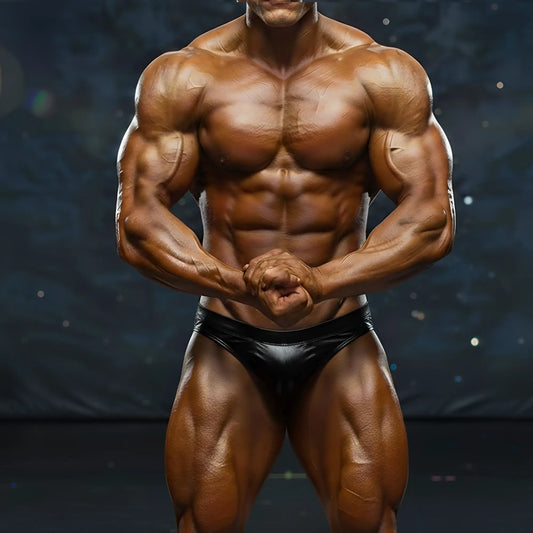 A muscular male bodybuilder wearing a sleek black latex brief metrocompetitionsuit by metromalewear