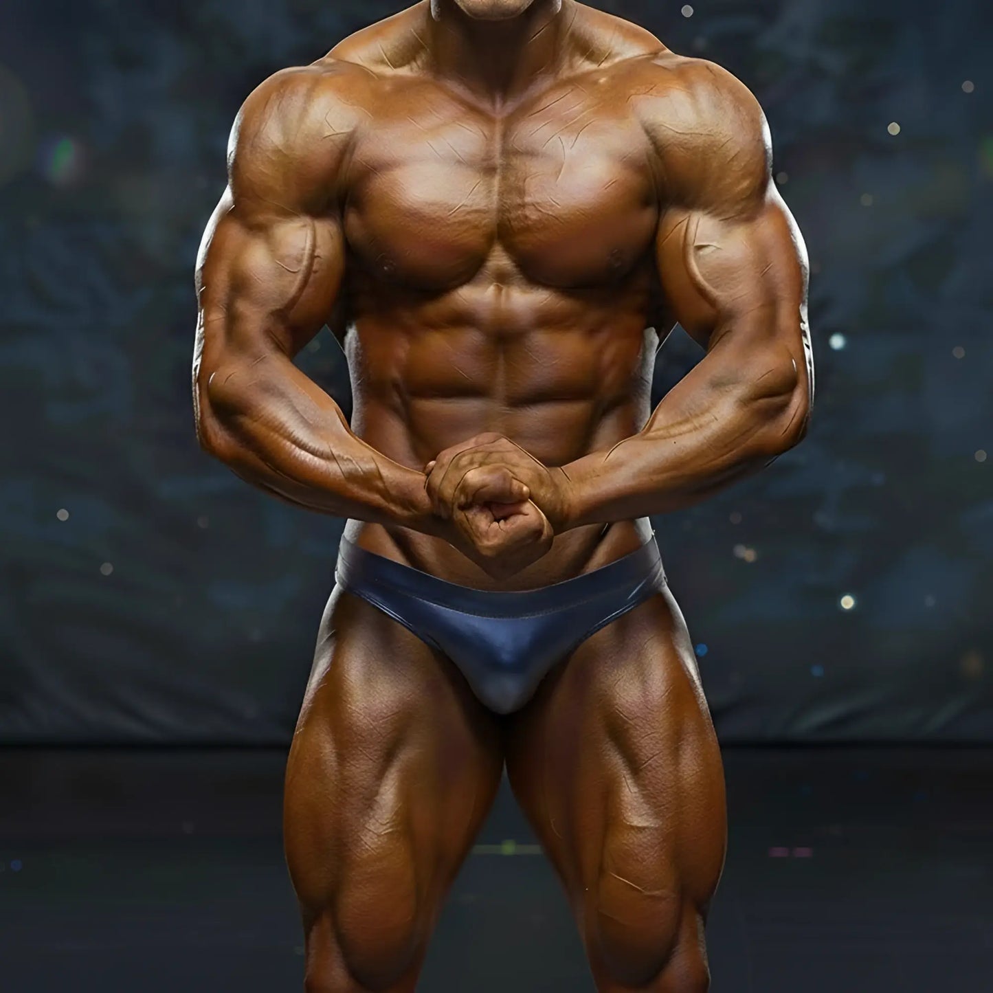 A muscular male bodybuilder wearing a dark blue form-fitting metro musclwear basic competition suit front view