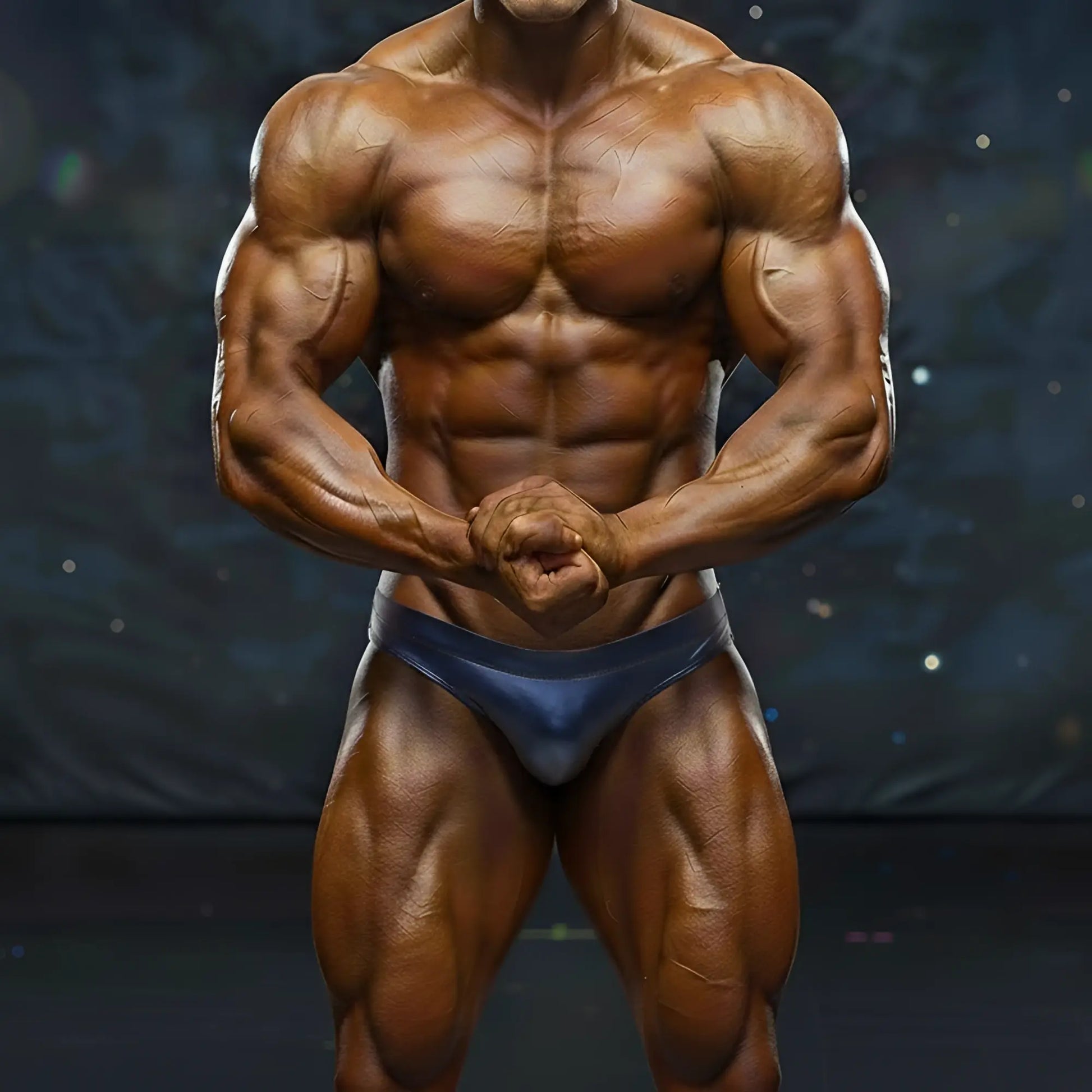 A muscular male bodybuilder wearing a dark blue form-fitting metro musclwear basic competition suit front view
