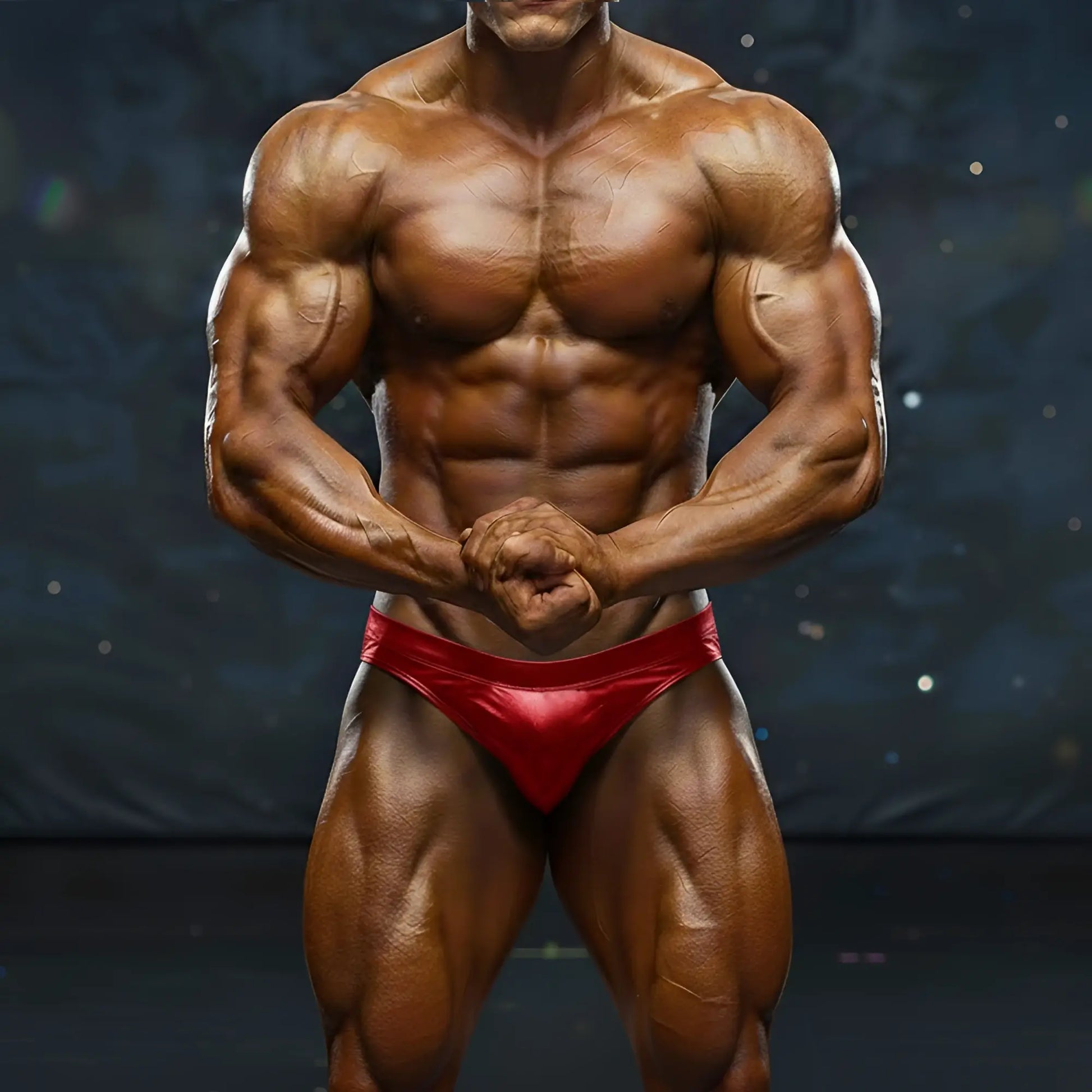 A muscular man wearing shiny red metro musclwear basic competition suit briefs for bodybuilding contests
