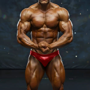 A muscular man wearing shiny red metro musclwear basic competition suit briefs for bodybuilding contests