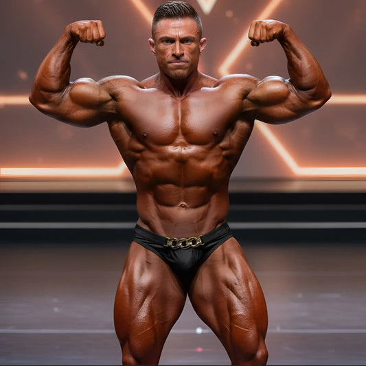 A muscular man wearing a black MetroMaleWear MetroMuscleWear Cadena Gold competition suit with a gold chain belt