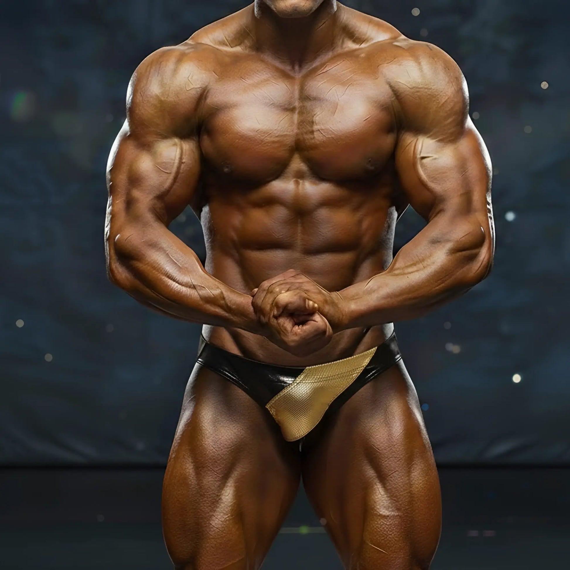 A muscular man wearing black and gold MetroMaleWear MetroMuscleWear competition briefs for bodybuilding contests