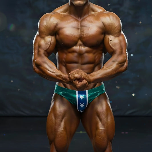 Teal and white star-patterned competitive bodybuilding briefs by MetroMaleWear MetroMuscleWear for competition use