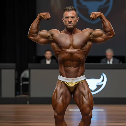 A muscular man confidently posing in gold and white metro muscle trunk briefs by MetroMaleWear