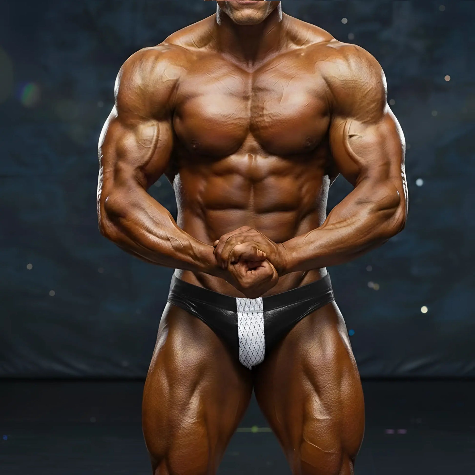 Black and white mesh briefs with a silver diamond-patterned panel from MetroMaleWear David Competition Suit 4974-02