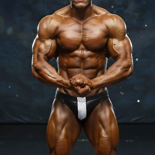 Black and white mesh briefs with a silver diamond-patterned panel from MetroMaleWear David Competition Suit 4974-02
