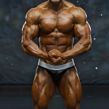 A muscular male bodybuilder wearing black and silver MetroMaleWear MetroMuscleWear DIY competition briefs