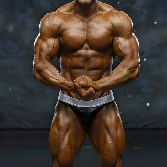A muscular male bodybuilder wearing black and silver MetroMaleWear MetroMuscleWear DIY competition briefs