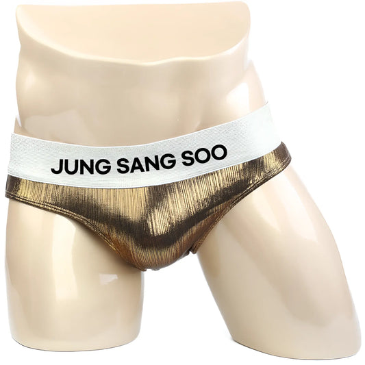 Gold metallic textured briefs with white elastic waistband branded jung sang soo for metro muscle wear competition use