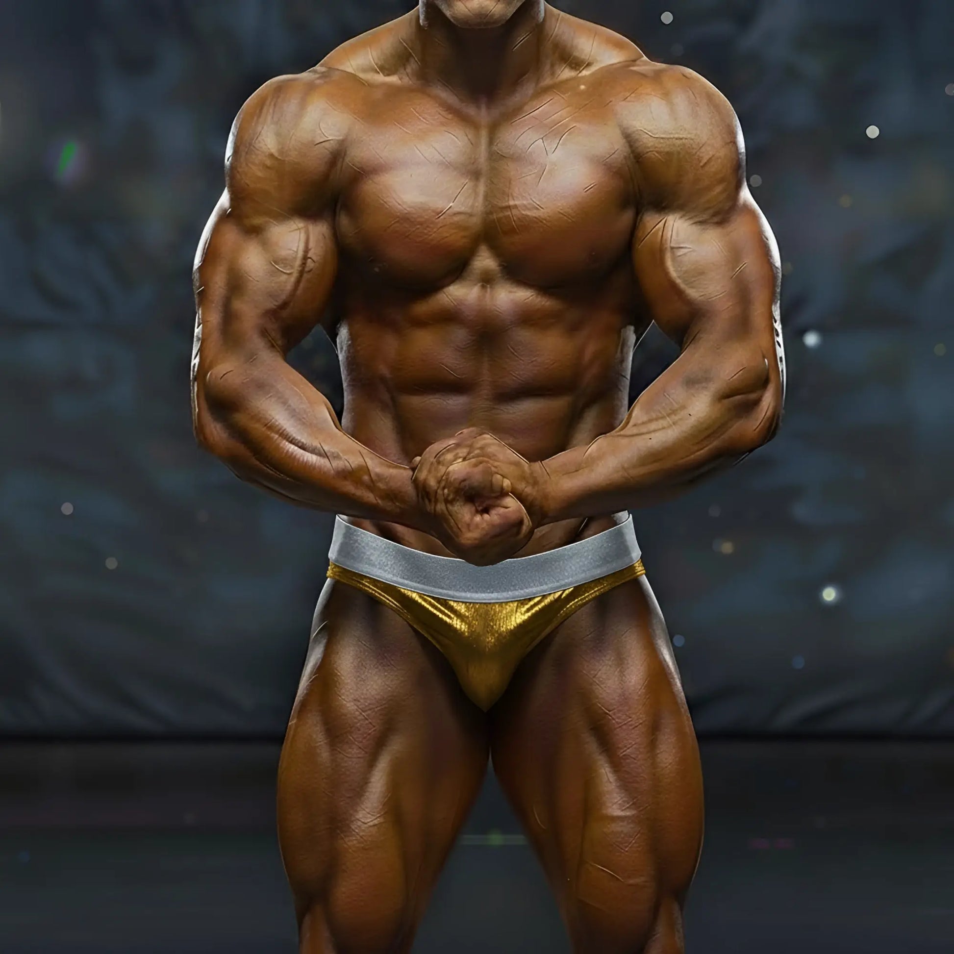 A muscular male bodybuilder wearing shiny gold and silver MetroMaleWear MetroMuscleWear DIY competition briefs