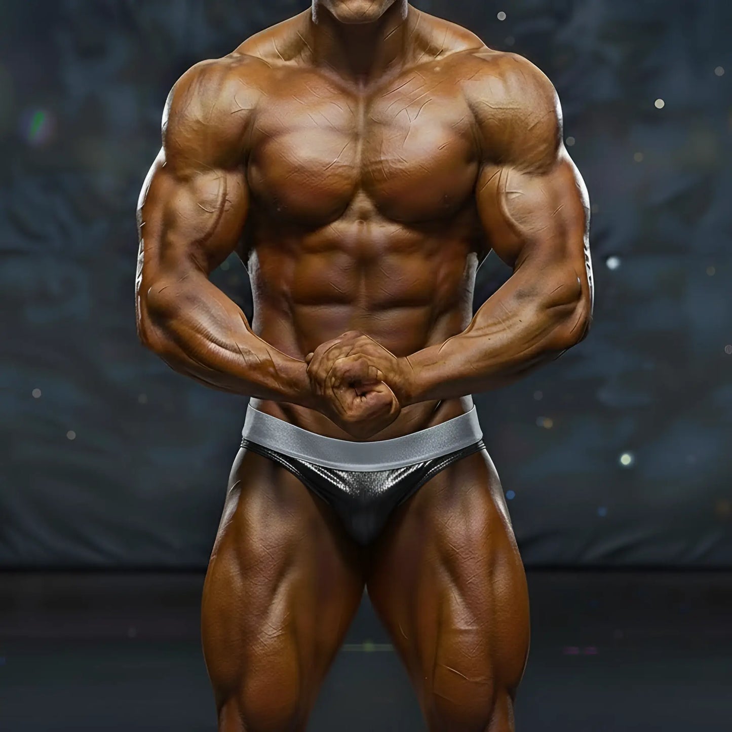 Shiny silver metallic briefs with a sleek form-fitting design from MetroMaleWear MetroMuscleWear DIY Competition Suit