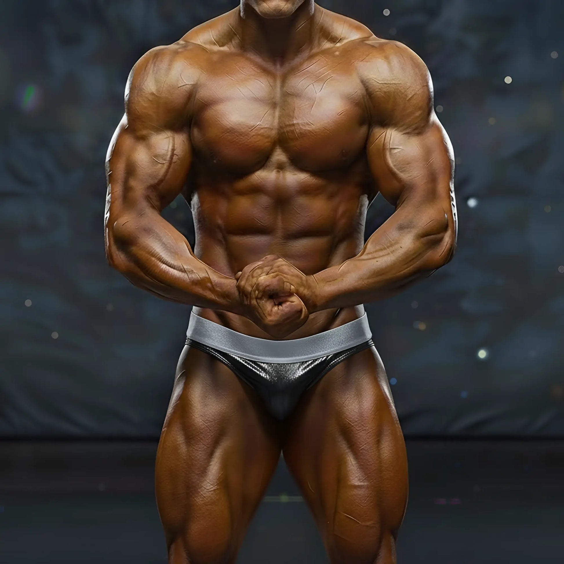 Shiny silver metallic briefs with a sleek form-fitting design from MetroMaleWear MetroMuscleWear DIY Competition Suit