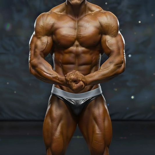 Shiny silver metallic briefs with a sleek form-fitting design from MetroMaleWear MetroMuscleWear DIY Competition Suit