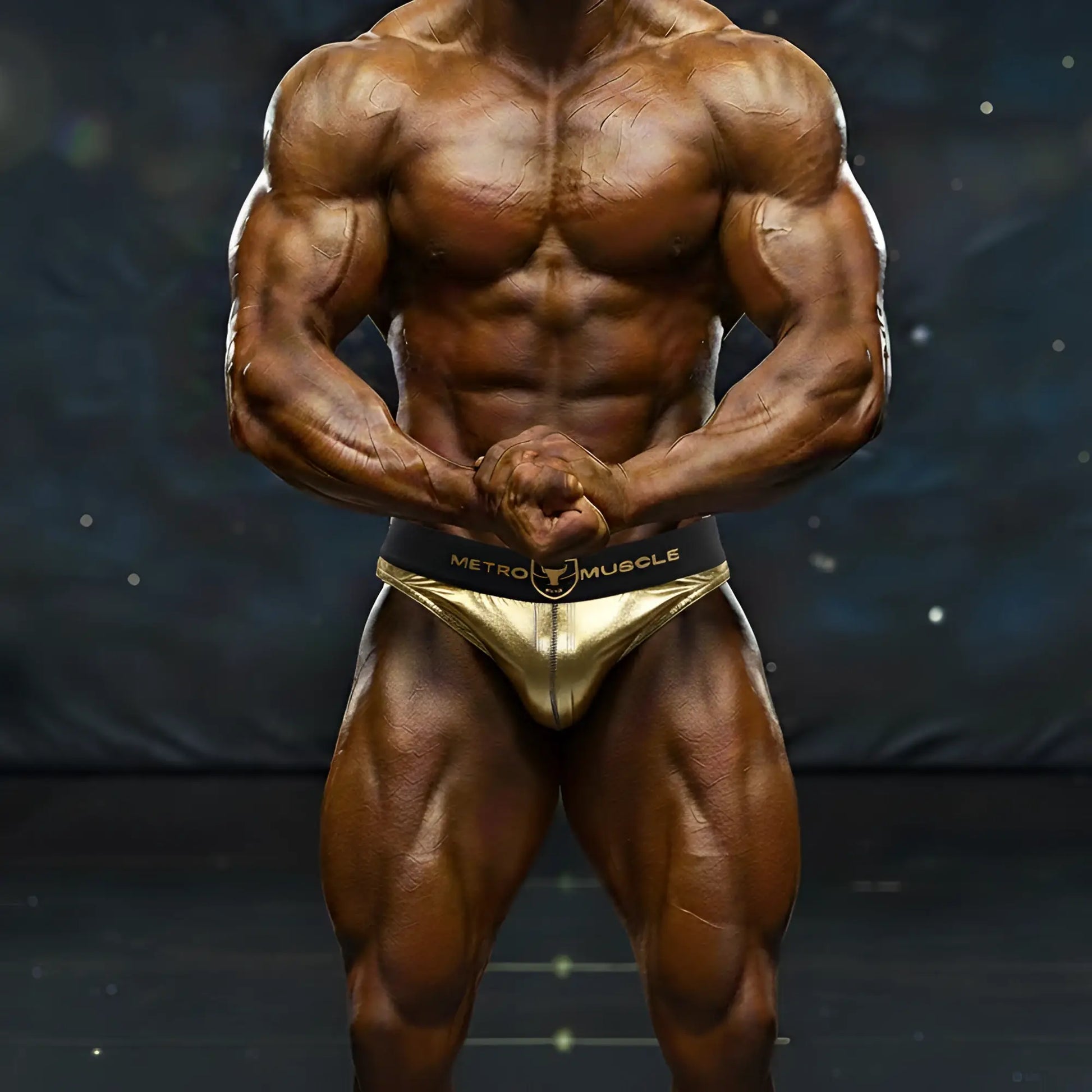 Gold metallic briefs with black waistband featuring metro muscle branding from metro male wear dorado muscle trunk 4700-24