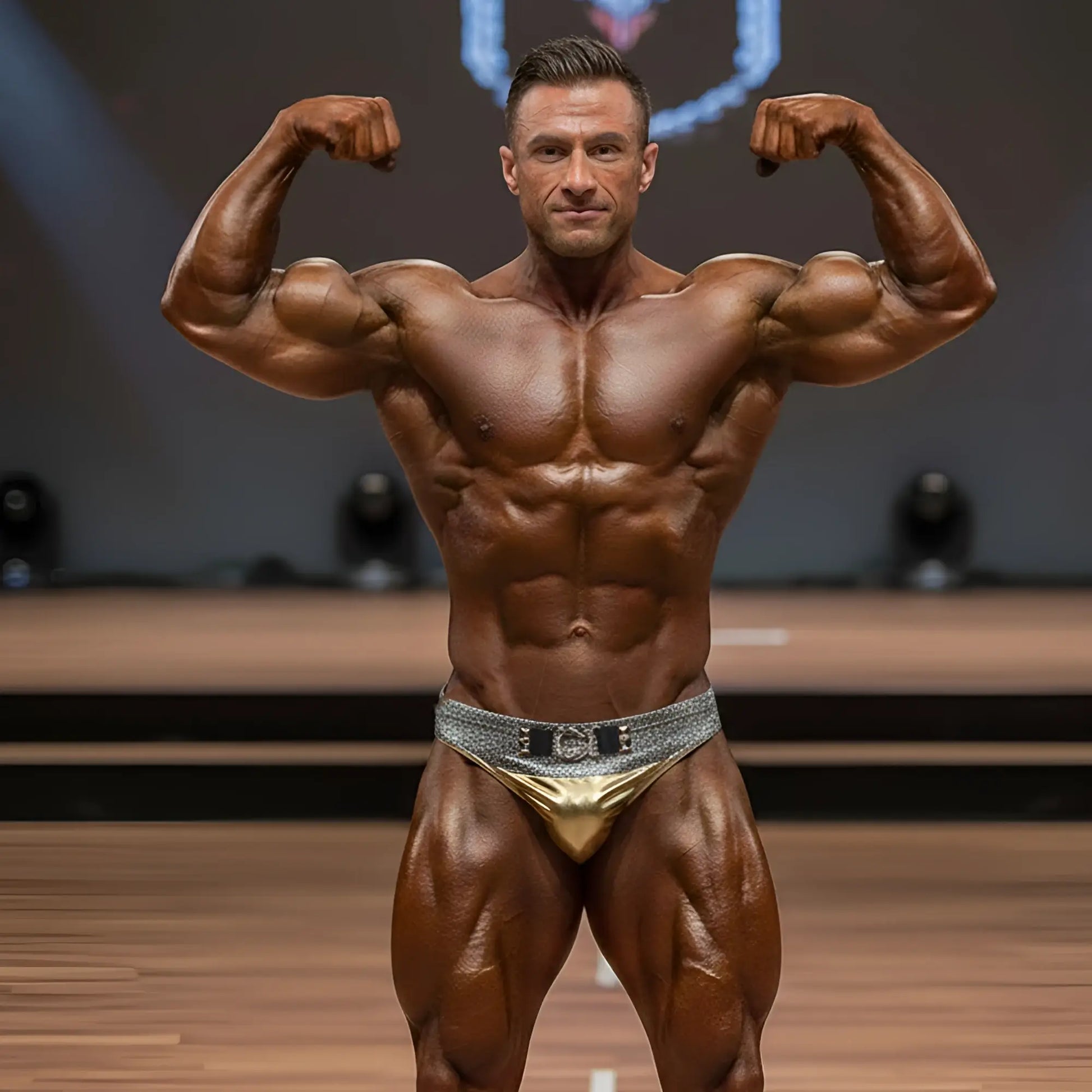 MetroMaleWear Elia muscle trunk metallic gold and silver bodybuilding briefs with textured glittery waistband