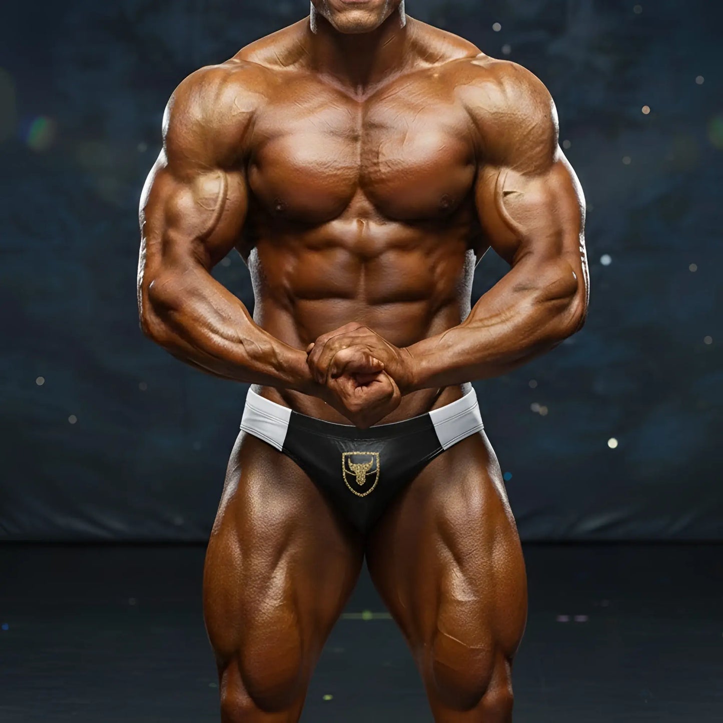 Black and white athletic briefs with gold bull emblem from MetroMaleWear MetroMuscleWear Ethan competition suit 4974-01