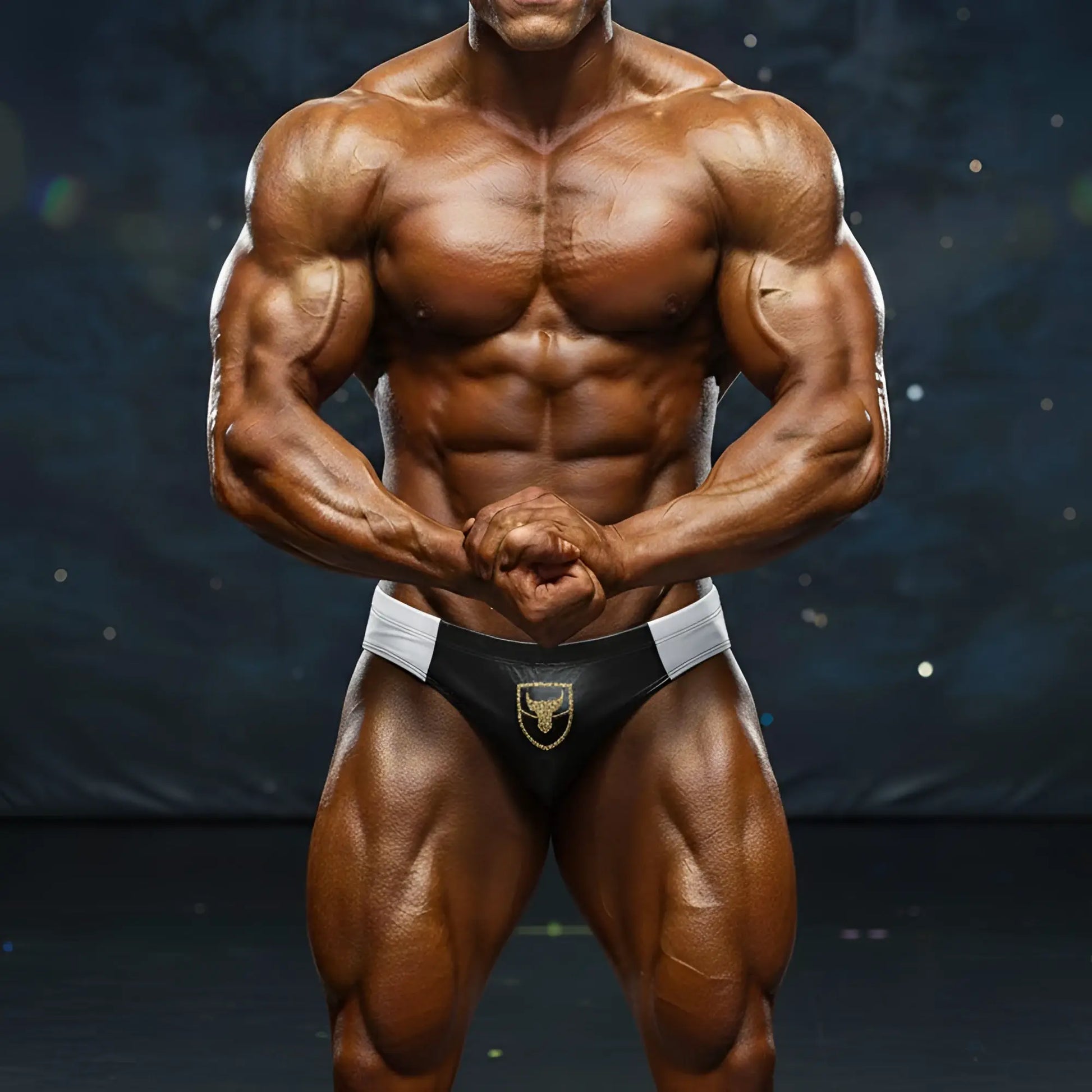 Black and white athletic briefs with gold bull emblem from MetroMaleWear MetroMuscleWear Ethan competition suit 4974-01