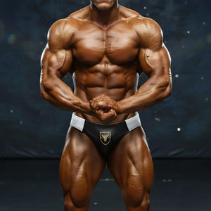 Black and white athletic briefs with gold bull emblem from MetroMaleWear MetroMuscleWear Ethan competition suit 4974-01