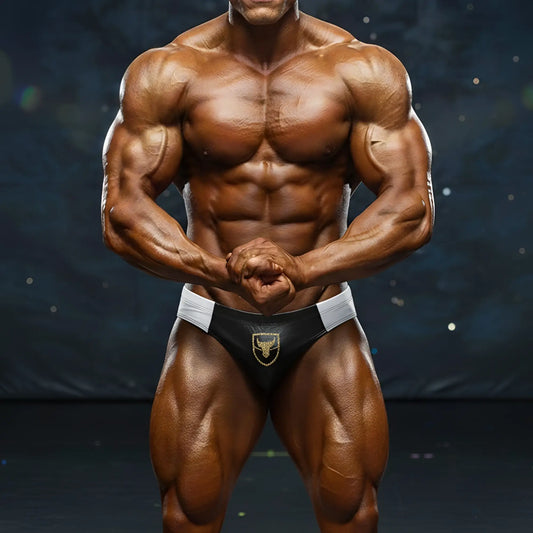 Black and white athletic briefs with gold bull emblem from MetroMaleWear MetroMuscleWear Ethan competition suit 4974-01