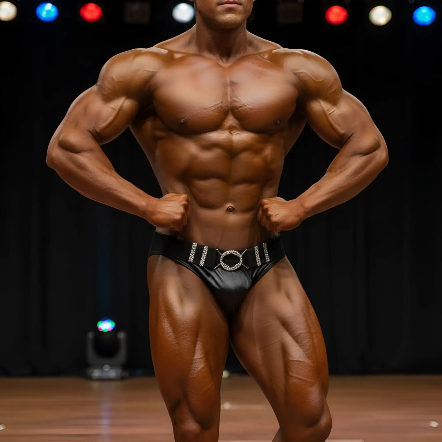 Black leather briefs with silver rhinestone belt buckle from MetroMaleWear MetroMuscleWear Forte Muscle Trunk 4700-22