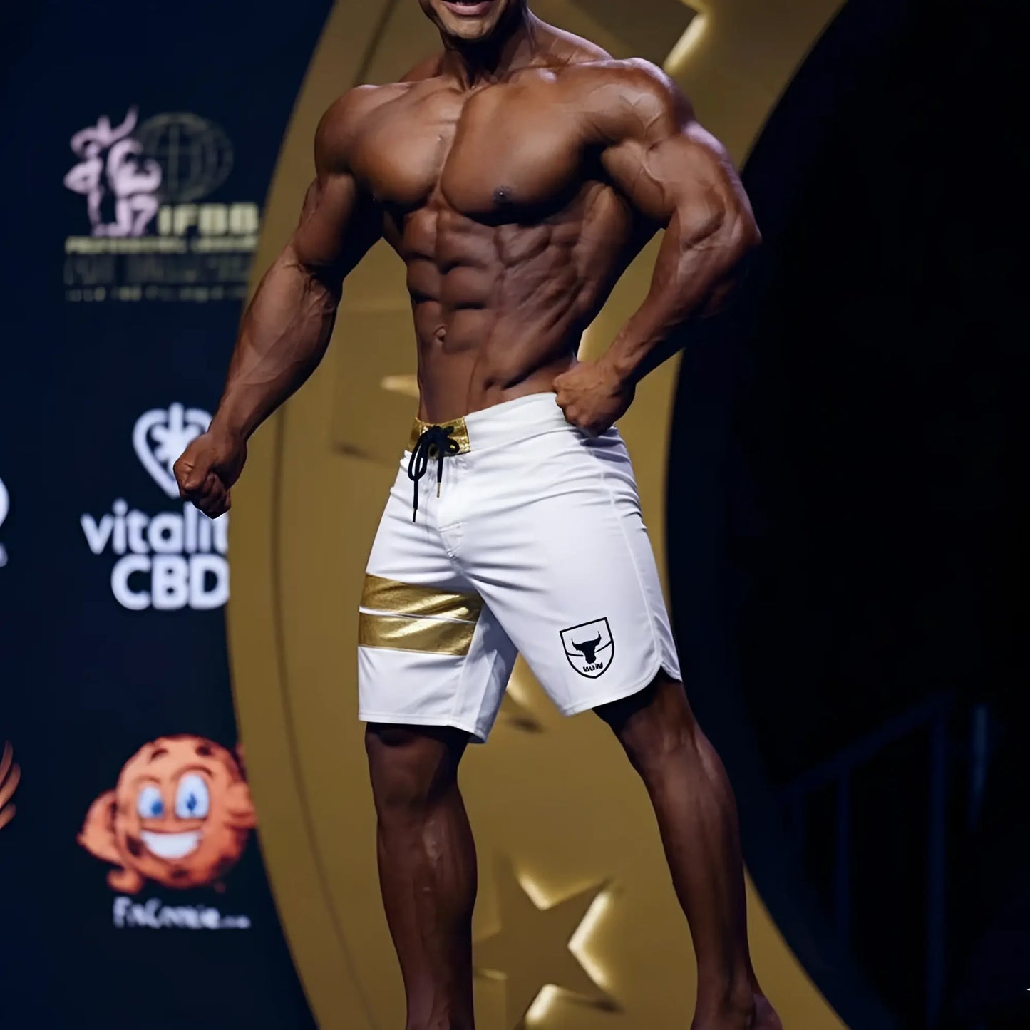 White athletic shorts with gold stripe and black drawstring featuring small shield logo on left leg by metromalewear
