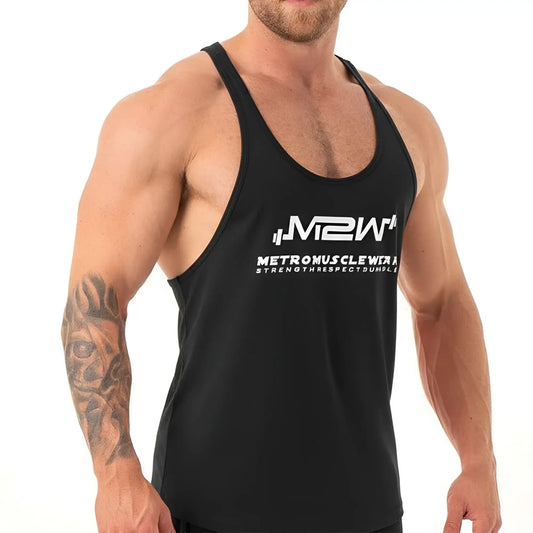 Black metro musclwear gym tank top m2w with white logo and text ideal for workouts and athletic use