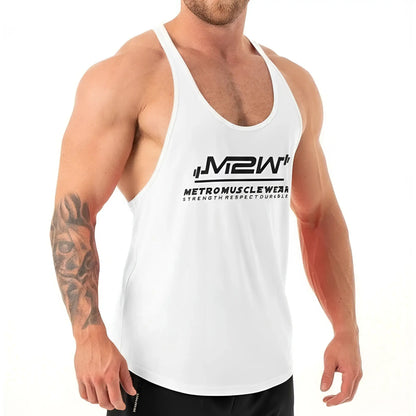 White gym tank top from MetroMaleWear with black m2w logo and strength respect durable text design