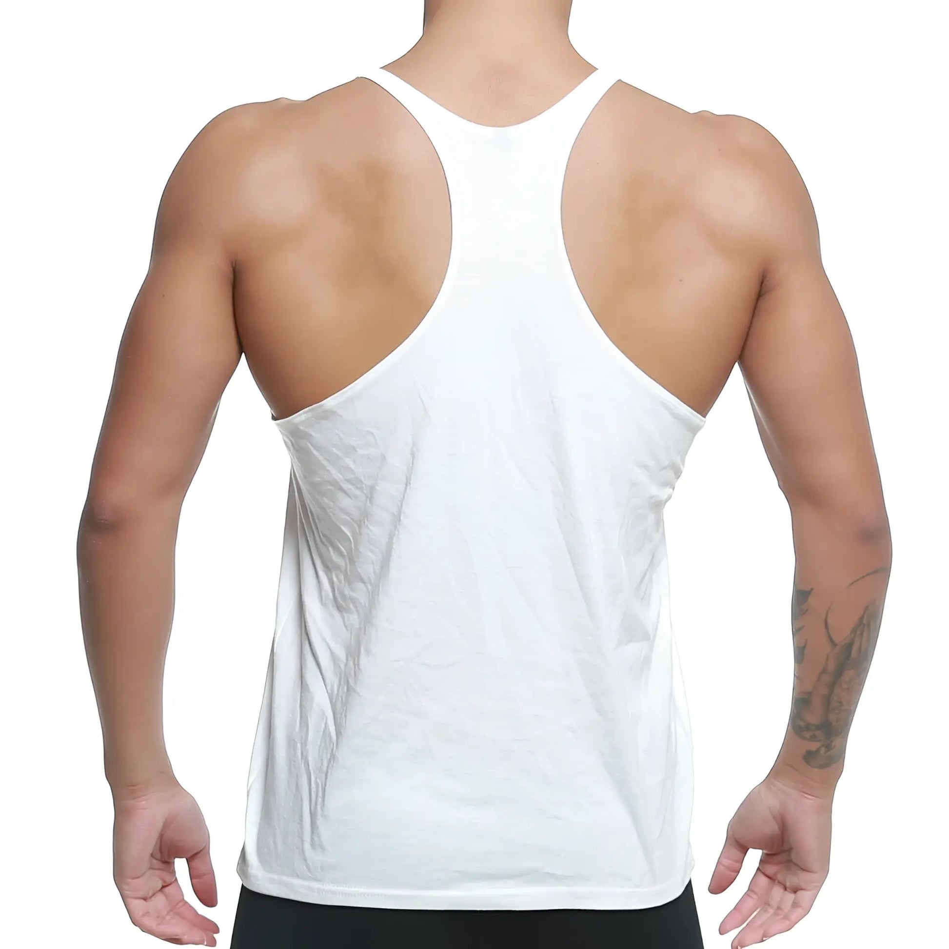 White metroMaleWear metroMuscleWear gym tank top m1027-00 racerback cotton blend for athletic use back side view