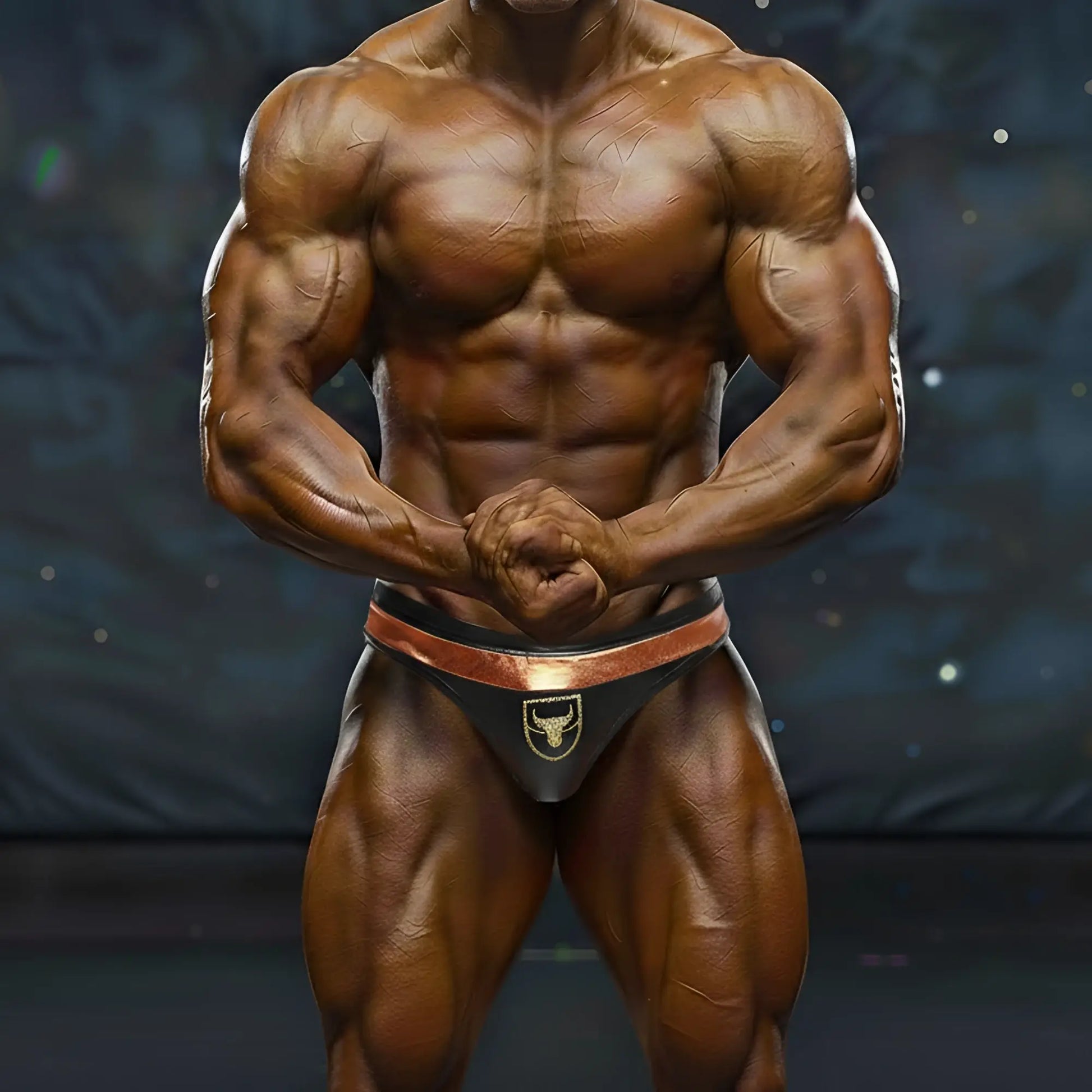 Black and copper-trimmed MetroMaleWear Hudson bodybuilding briefs with a gold bull emblem for competition use