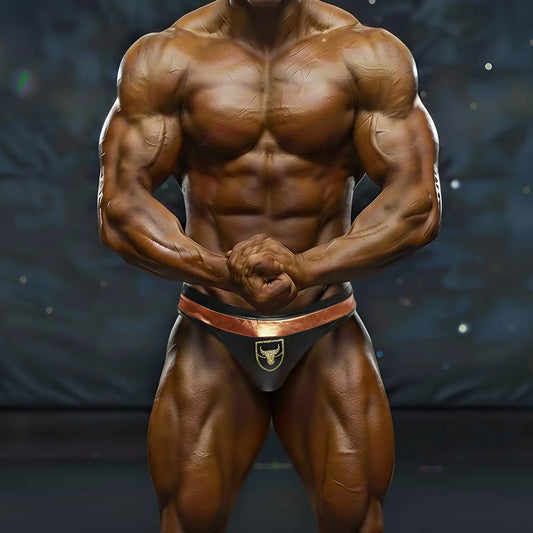 Black and copper-trimmed MetroMaleWear Hudson bodybuilding briefs with a gold bull emblem for competition use