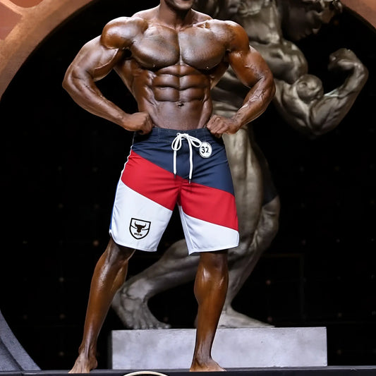 Blue red and white striped athletic shorts with drawstring waistband and black bull logo by metromalewear