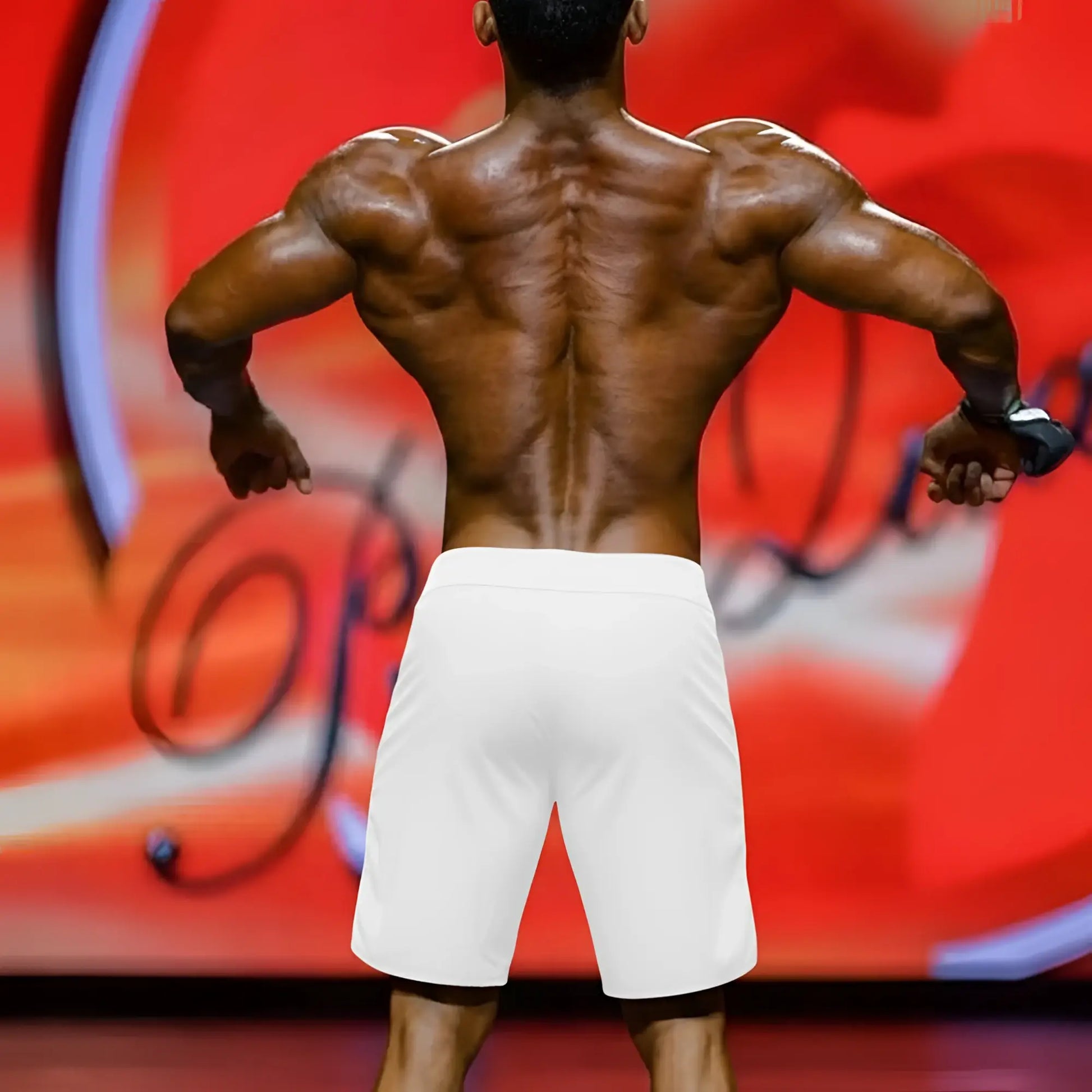 White athletic shorts by metromalewear with a clean minimalist design for mens physique boardshort use