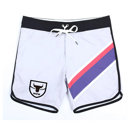 White board shorts with bold pink and purple diagonal stripe black trim and m2w logo on left leg from metro musclwear