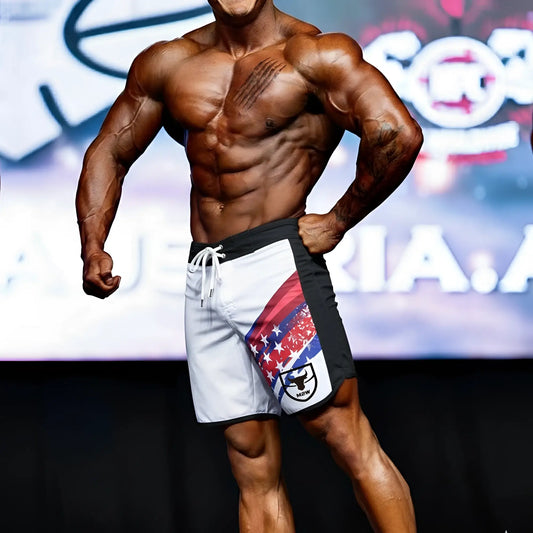 MetroMaleWear metroMuscleWear IFBB pro mens physique board short in white and black with star-patterned stripe and bull logo