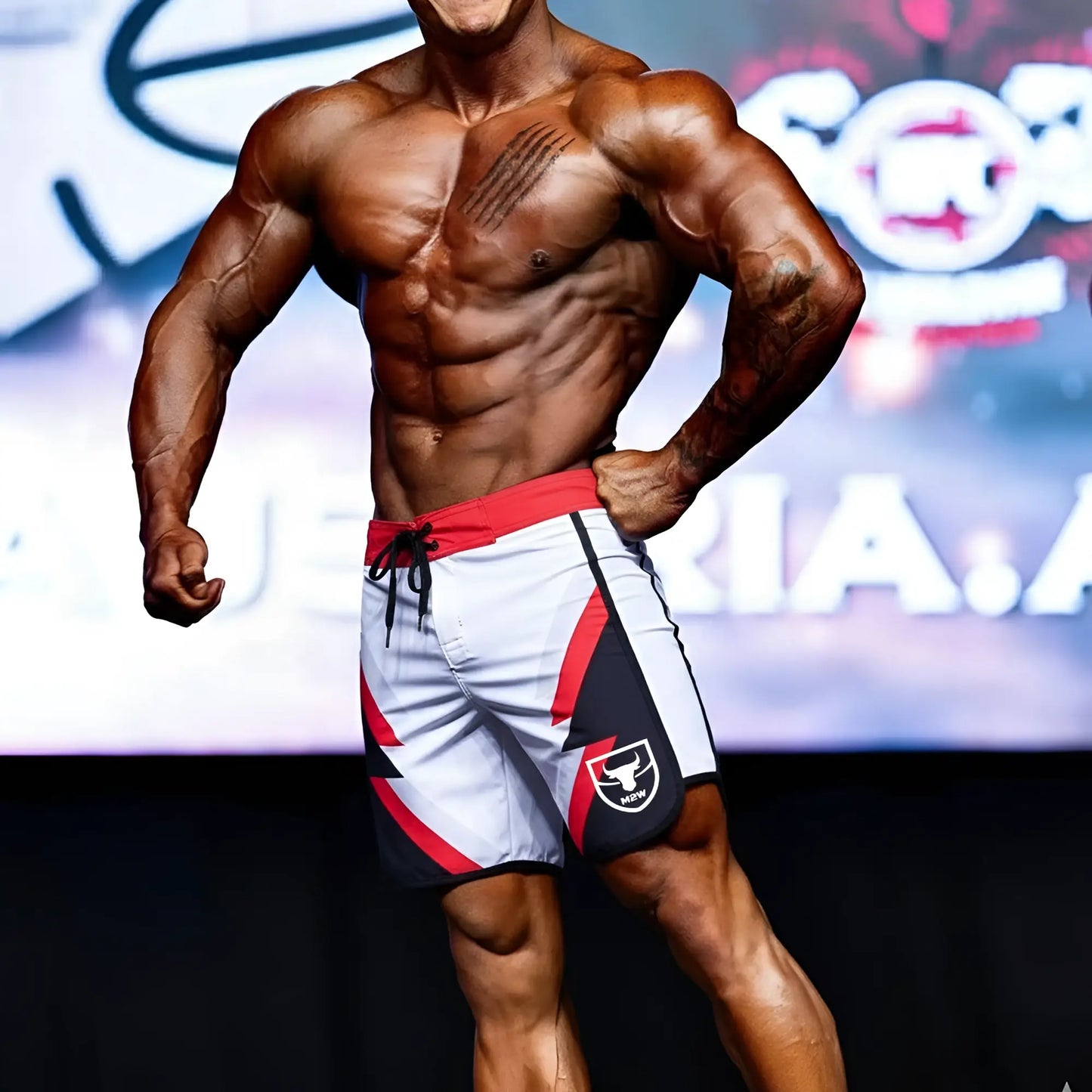 White and red MetroMaleWear MetroMuscleWear IFBB Pro men’s physique board shorts with black accents and bull logo