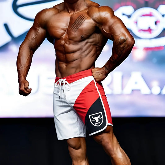 Metro malewear metromusclewear ifbb pro mens physique board short in red white and black with bull logo on the side