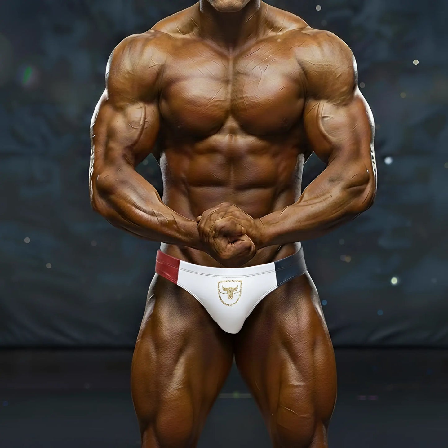 White briefs with red and navy side panels and gold bull emblem from metromalewear julian competition suit 4974-13