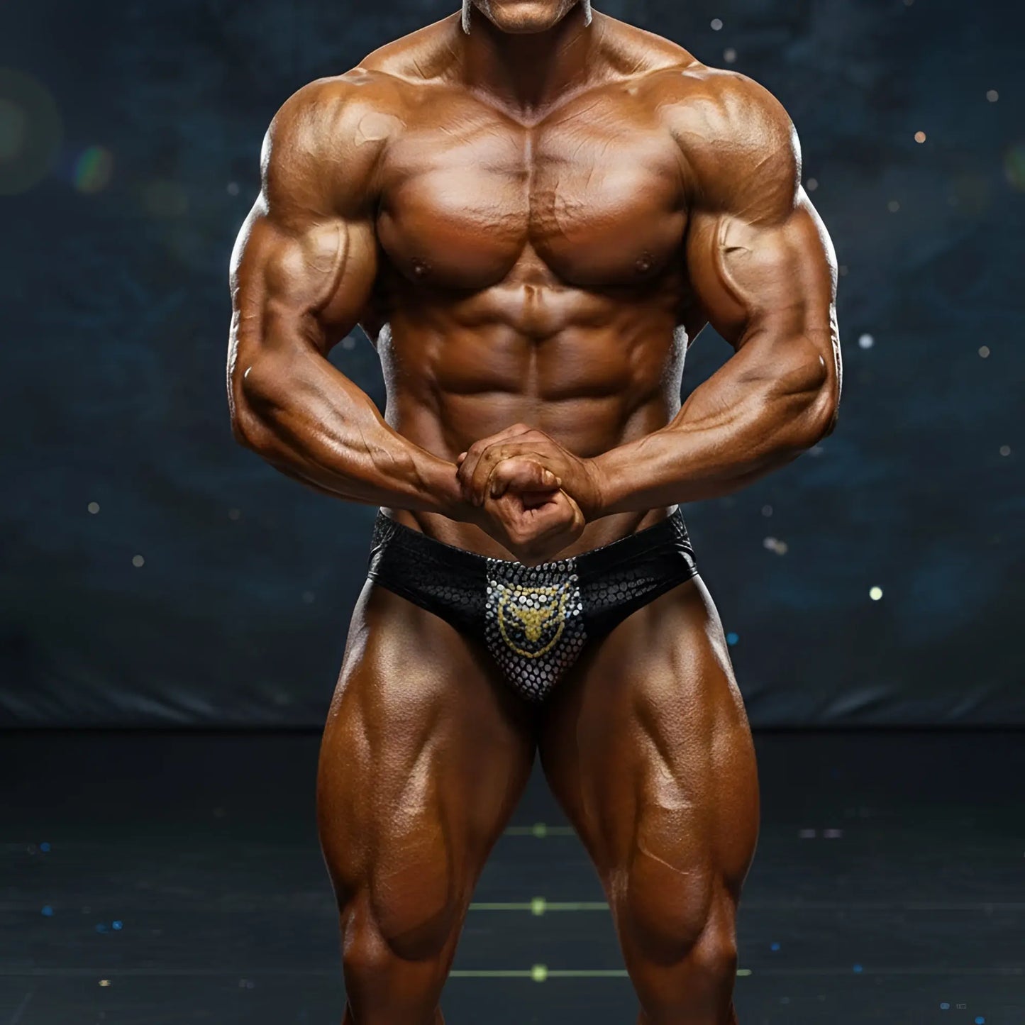 Black and gold patterned bodybuilding briefs with textured mesh fabric from MetroMaleWear Liam Competition Suit