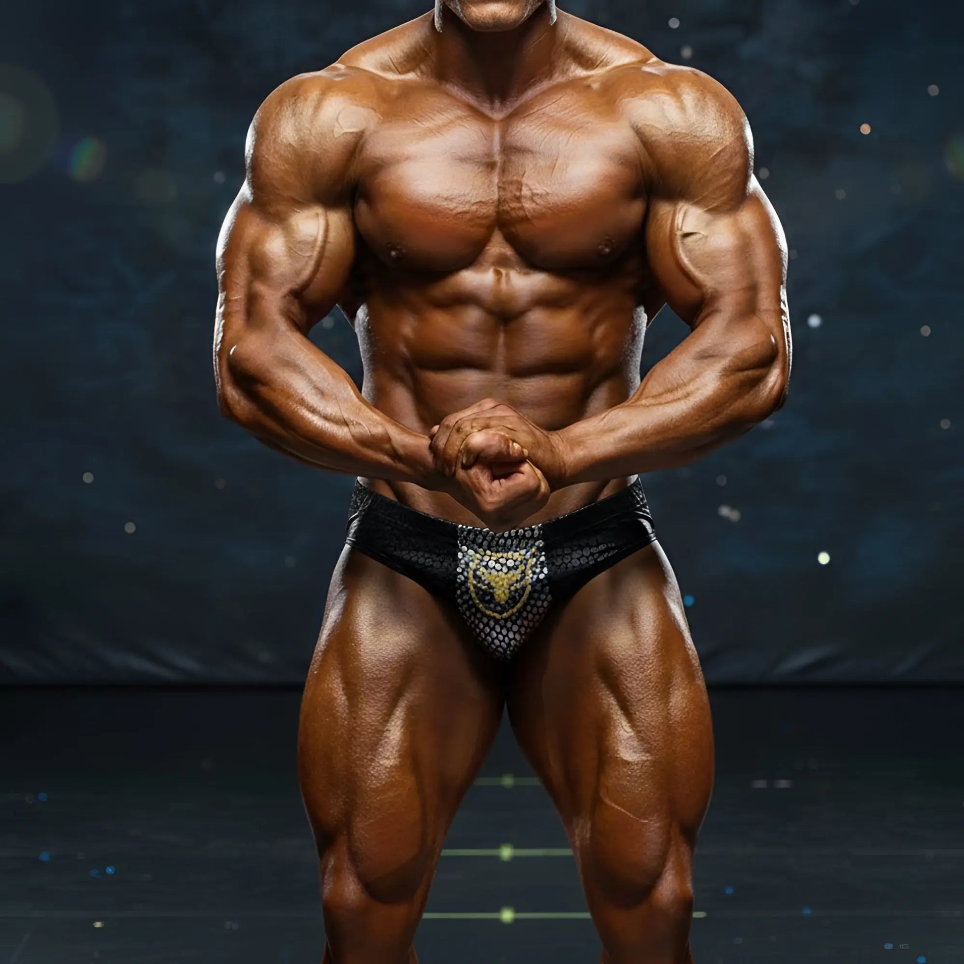 Black and gold patterned bodybuilding briefs with textured mesh fabric from MetroMaleWear Liam Competition Suit
