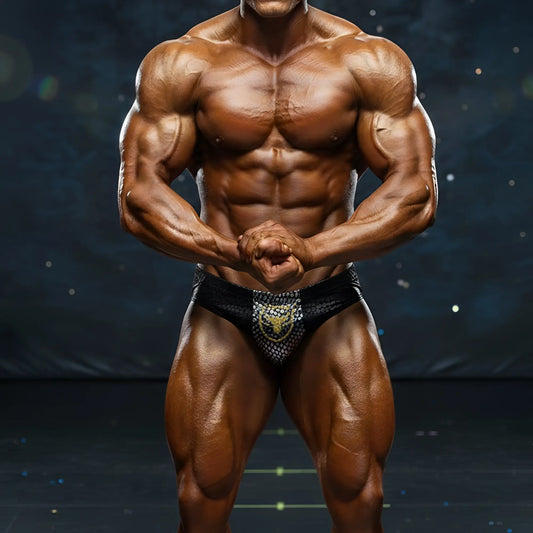 Black and gold patterned bodybuilding briefs with textured mesh fabric from MetroMaleWear Liam Competition Suit