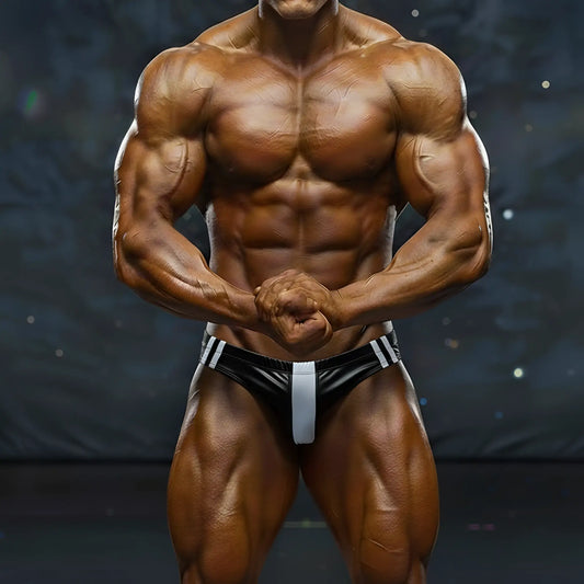 Black and white striped athletic briefs with a central vertical stripe from MetroMaleWear MetroMuscleWear Lucas suit