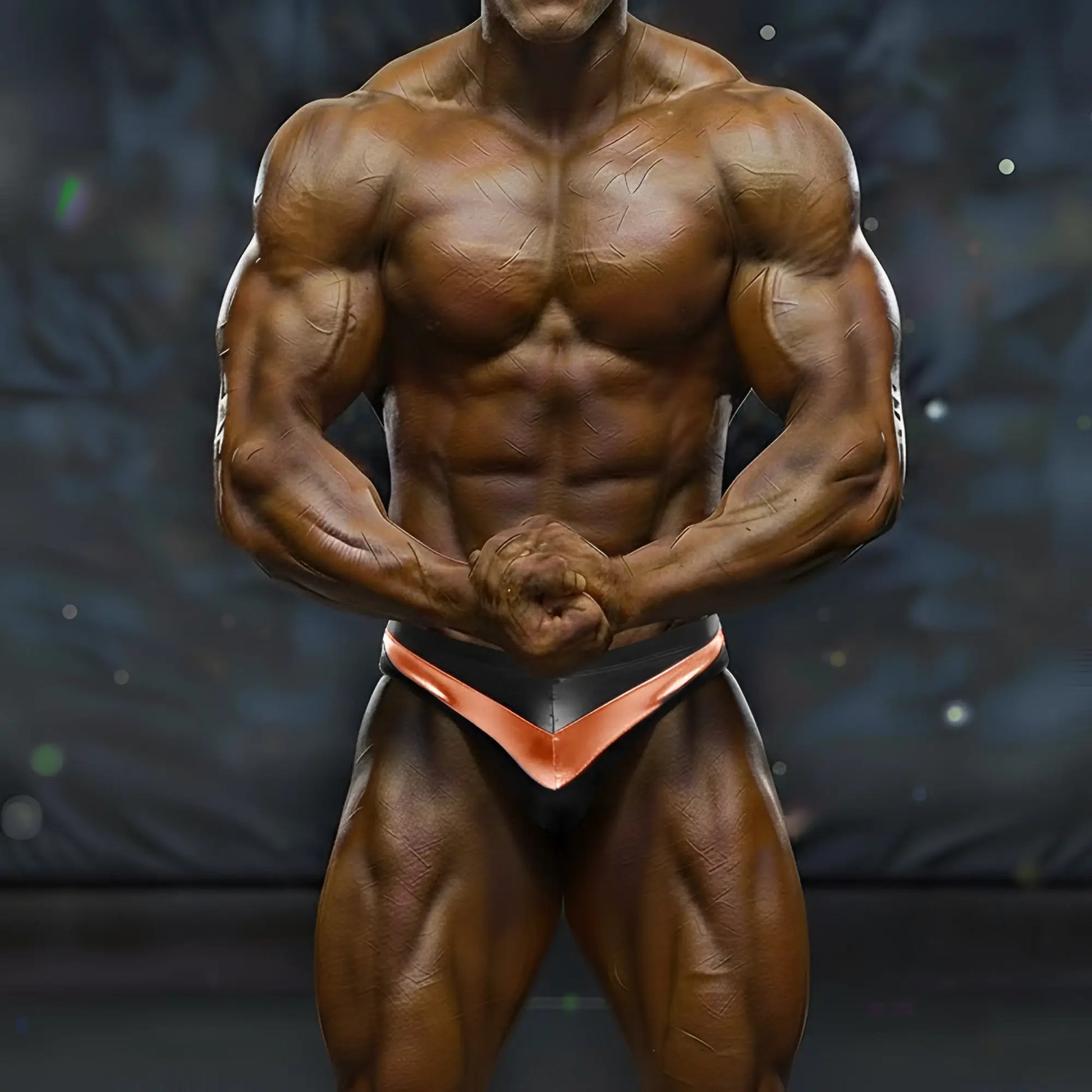 A muscular man wearing black and copper MetroMaleWear MetroMuscleWear Mark competition briefs for bodybuilding