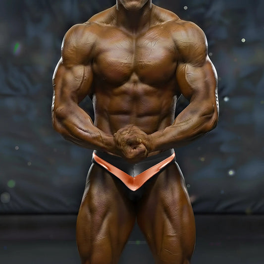 A muscular man wearing black and copper MetroMaleWear MetroMuscleWear Mark competition briefs for bodybuilding