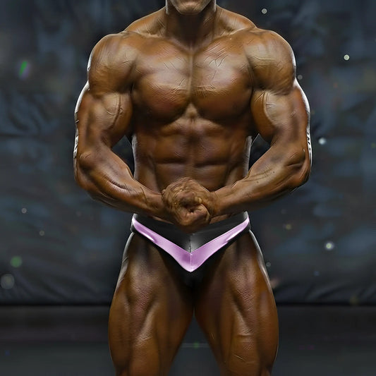 A muscular bodybuilder wearing black and purple MetroMaleWear MetroMuscleWear Mark competition briefs pink 4974-91