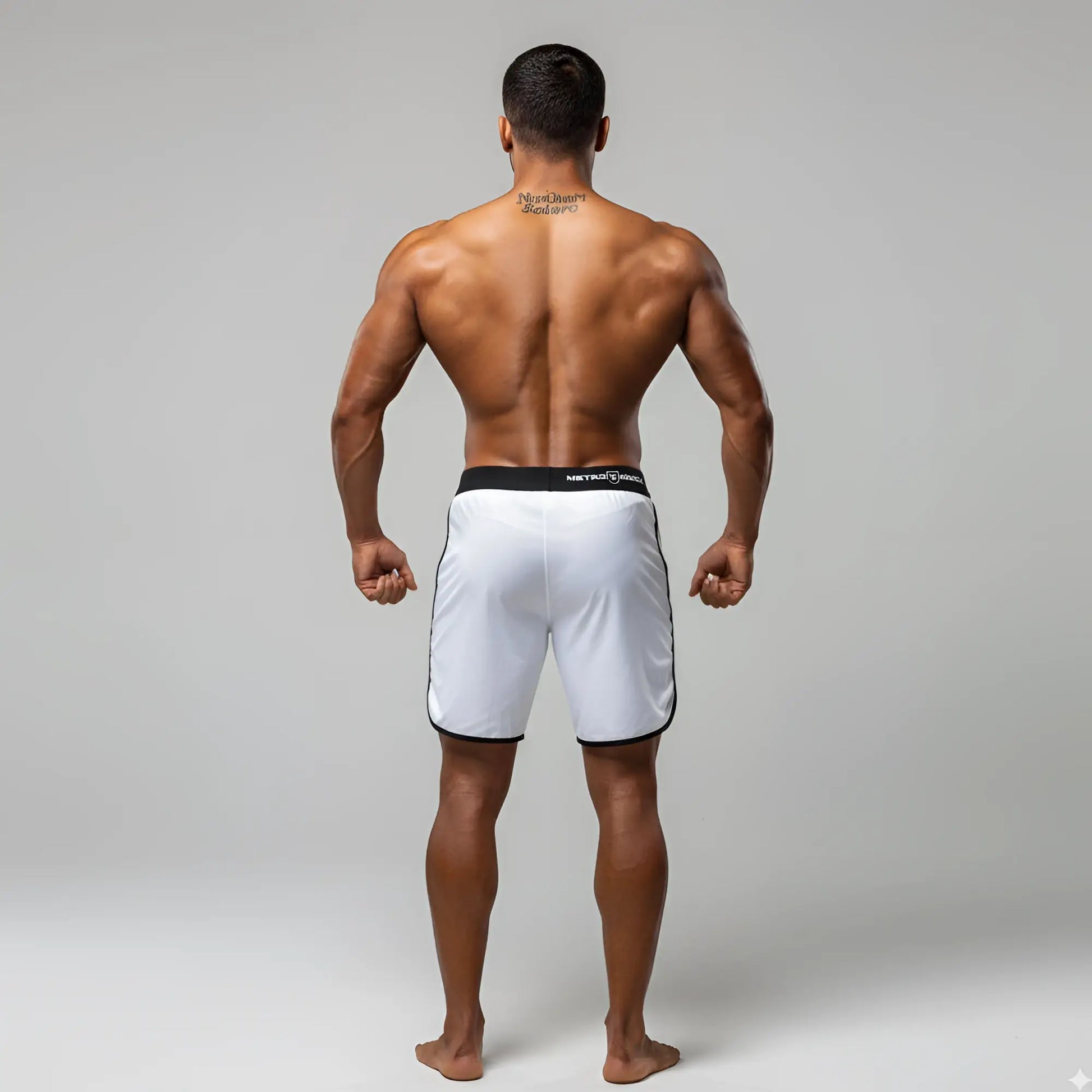 White metromale wear metromusclewear mark physique board short with black trim and branded waistband