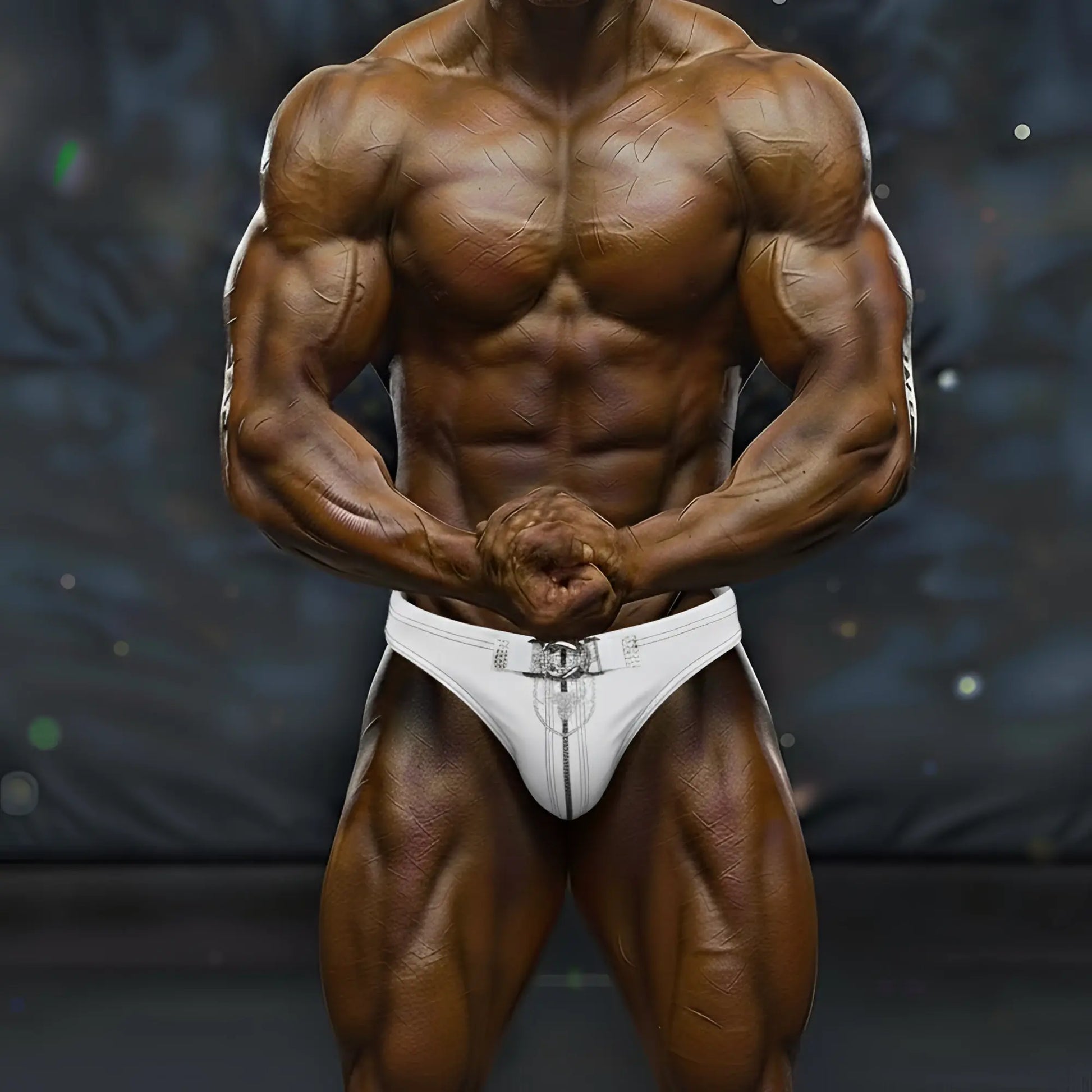 White athletic briefs with silver metallic zipper and buckle detail from metromalewear muscle competition suit blanco 4700-00