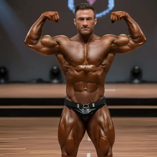 A muscular man with a glossy tanned complexion flexes in black leather MetroMaleWear MetroMuscleWear muscle trunk