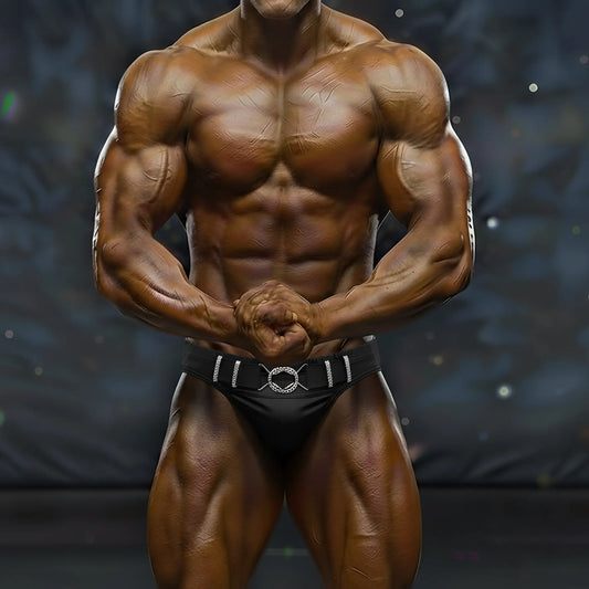 A muscular bodybuilder wearing black MetroMuscleWear competition briefs with a silver and white decorative belt
