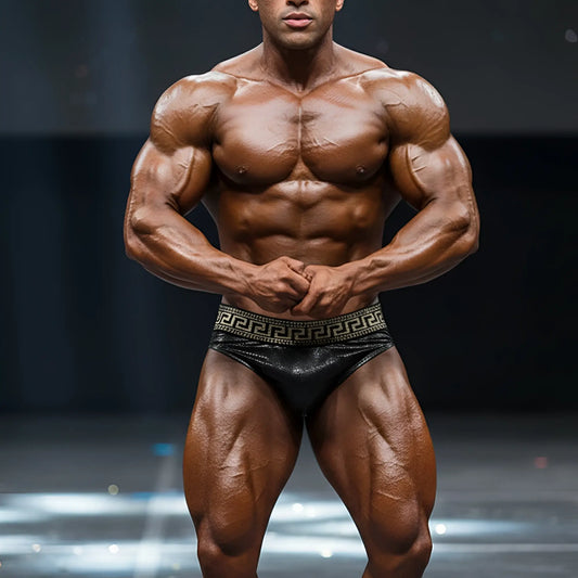 Black leather briefs with gold greek key pattern waistband from metromalewear metromusclewear muscle trunk crocodile